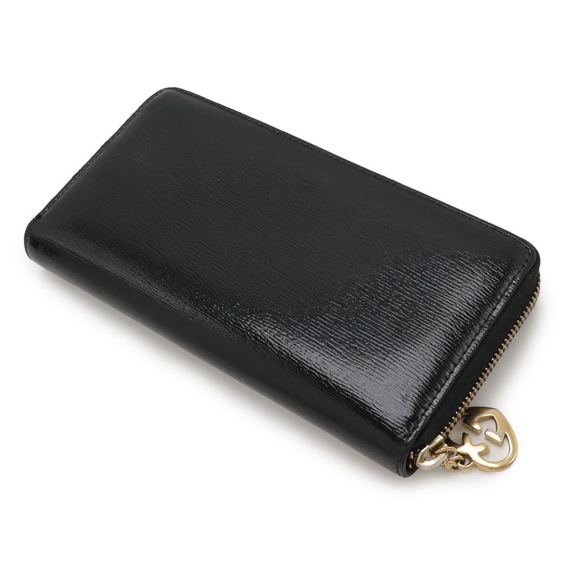 Gucci Lovely Round Zipper Long Wallet Shiny Leather Black Gold Hardware 308005