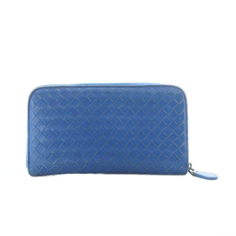 Bottega Veneta Long Wallet Leather Coin Purse Round Zipper Intrecciato Blue