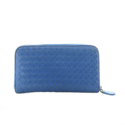 Bottega Veneta Long Wallet Leather Coin Purse Round Zipper Intrecciato Blue