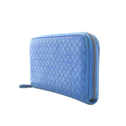 Bottega Veneta Long Wallet Leather Coin Purse Round Zipper Intrecciato Blue