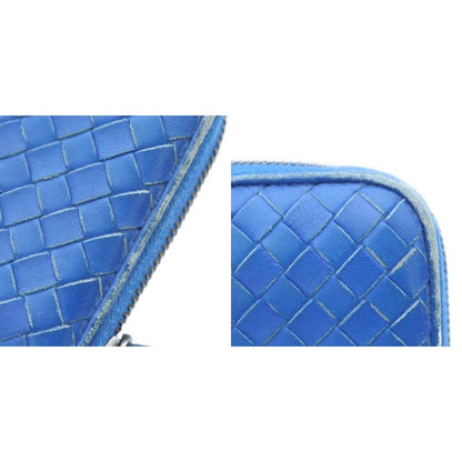 Bottega Veneta Long Wallet Leather Coin Purse Round Zipper Intrecciato Blue