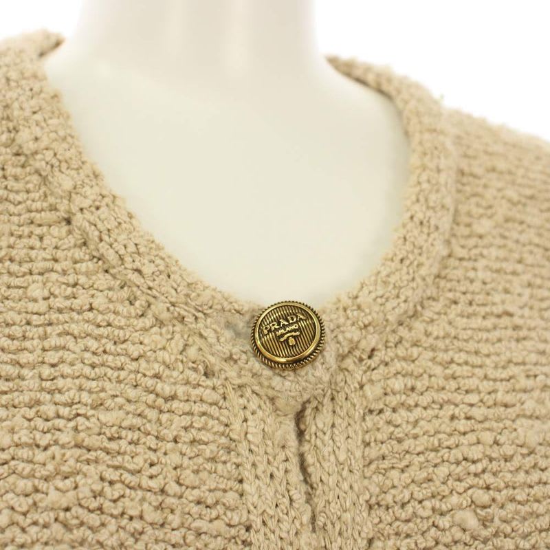 Prada Boo Cles Cardigan Knit 3/4 Sleeve Short Length Gold Embossed