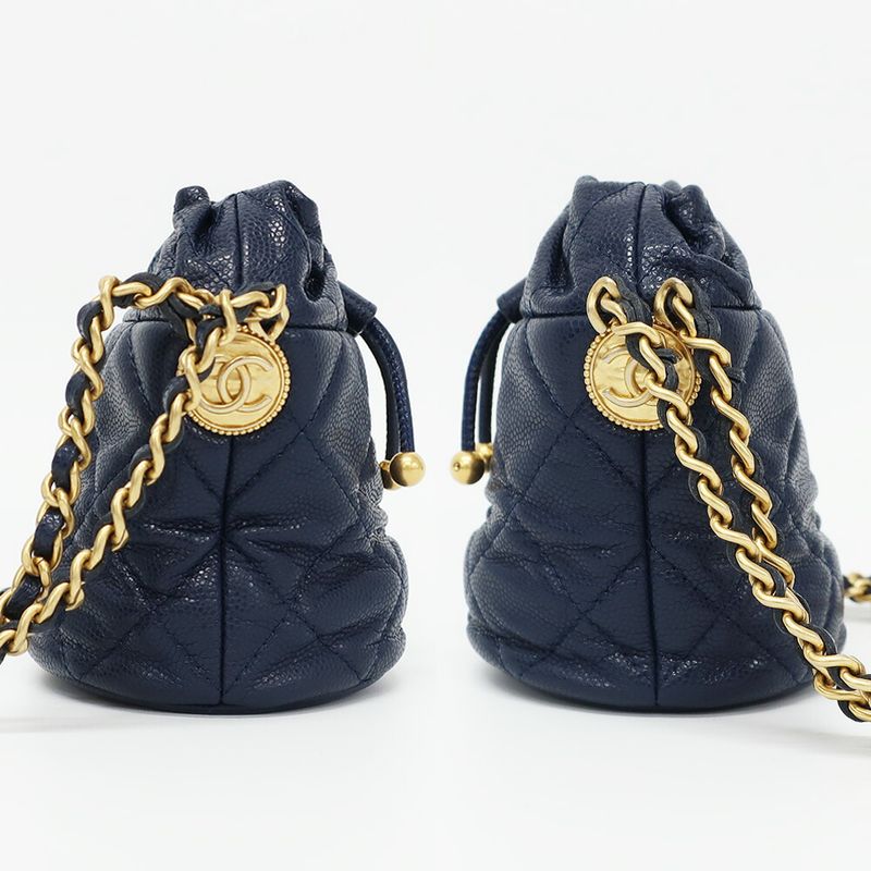 Chanel Shoulder Bag Mini Drawstring Navy Gold Hardware Caviar Skin