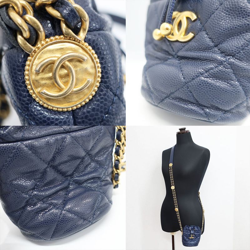 Chanel Shoulder Bag Mini Drawstring Navy Gold Hardware Caviar Skin