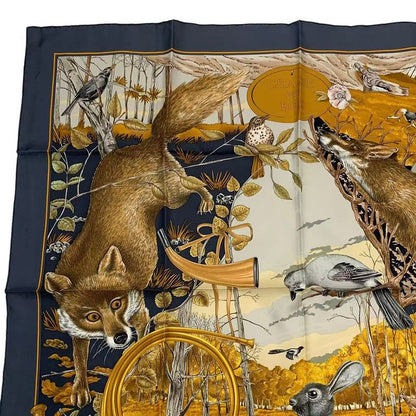 Hermes Scarf Silk Carre 90 Chasse Au BOIS Forest Hunting Gray