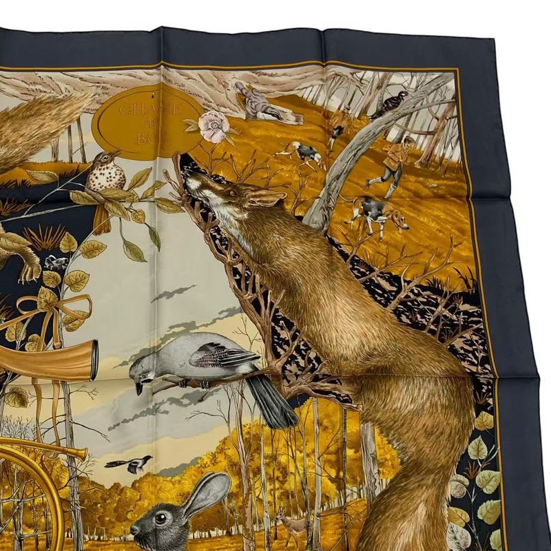 Hermes Scarf Silk Carre 90 Chasse Au BOIS Forest Hunting Gray