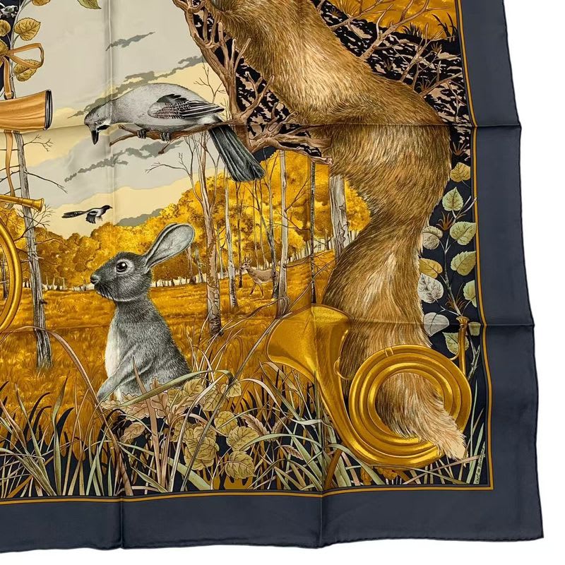 Hermes Scarf Silk Carre 90 Chasse Au BOIS Forest Hunting Gray