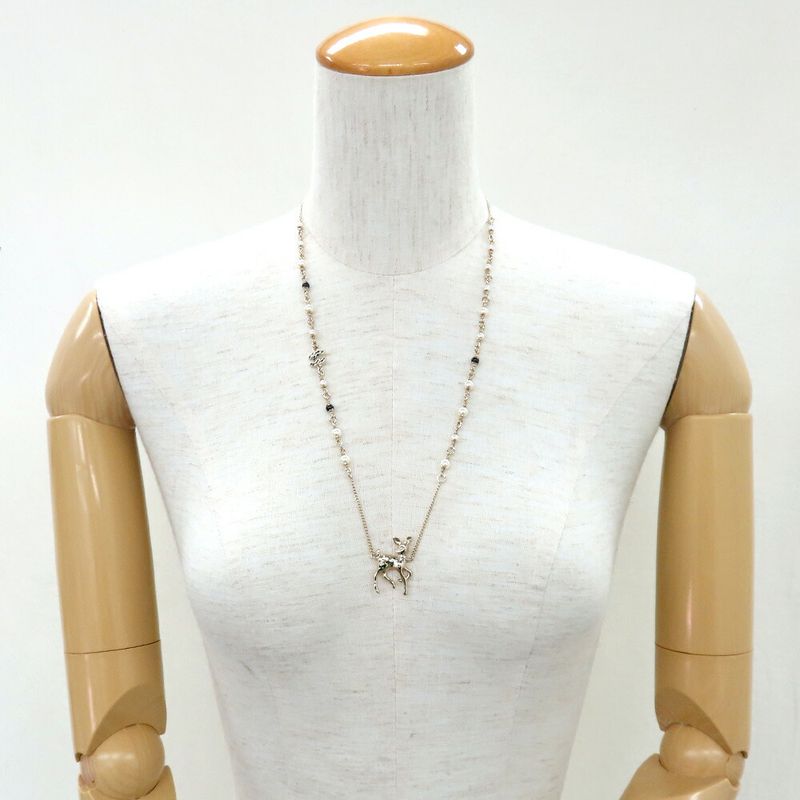 Chanel Bambi Necklace Fake Pearl Gold Stone Accessory - Women's