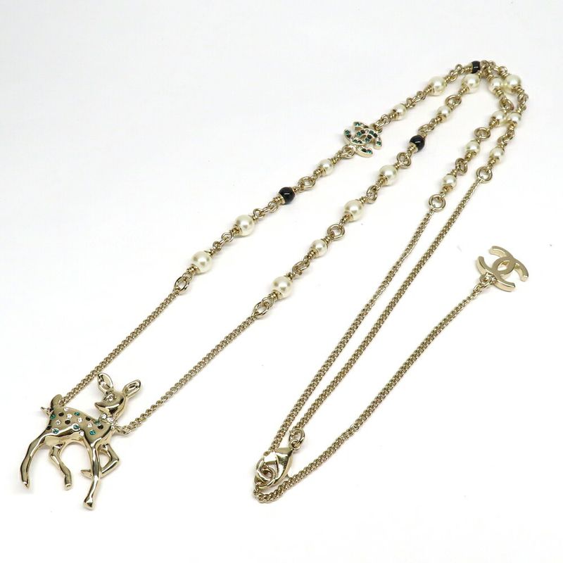 Chanel Bambi Necklace Fake Pearl Gold Stone Accessory - Women's