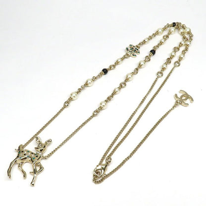 Chanel Bambi Necklace Fake Pearl Gold Stone Accessory - Women's