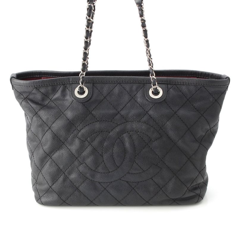 Chanel Caviar Skin Coco Mark Matelasse Chain Shopping Tote Bag Black