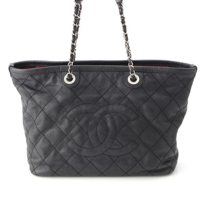 Chanel Caviar Skin Coco Mark Matelasse Chain Shopping Tote Bag Black