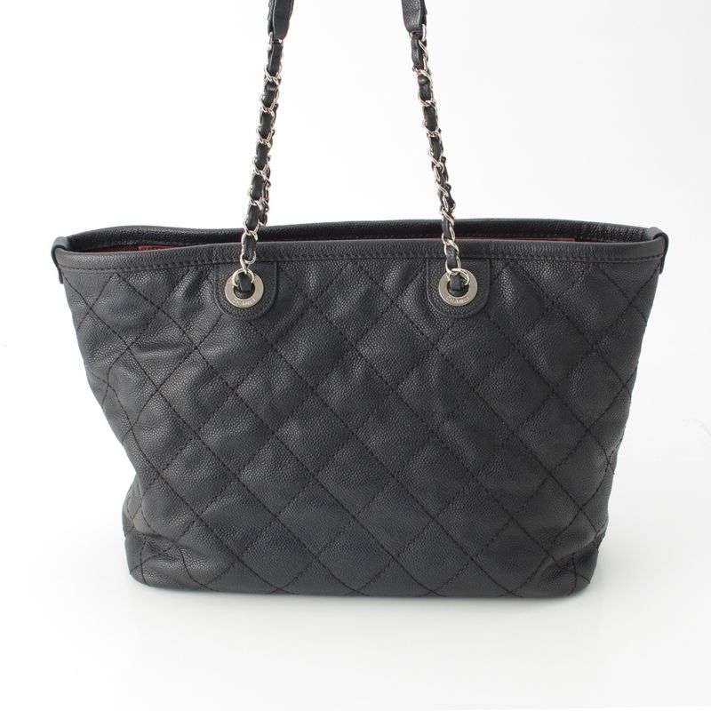 Chanel Caviar Skin Coco Mark Matelasse Chain Shopping Tote Bag Black