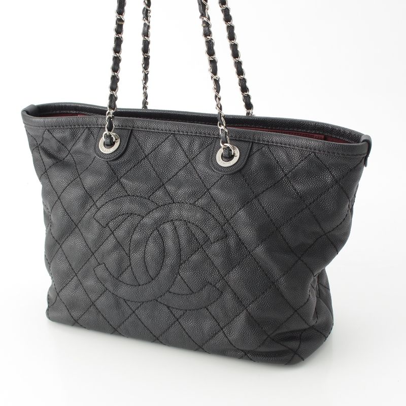 Chanel Caviar Skin Coco Mark Matelasse Chain Shopping Tote Bag Black