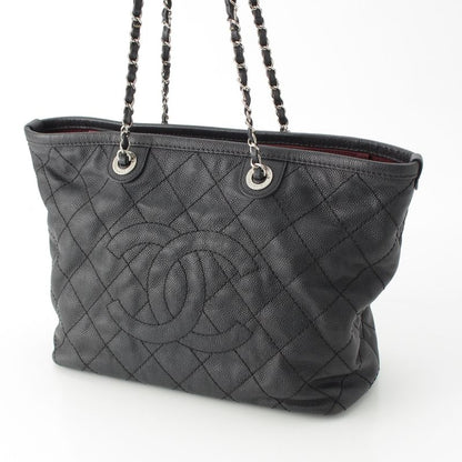 Chanel Caviar Skin Coco Mark Matelasse Chain Shopping Tote Bag Black