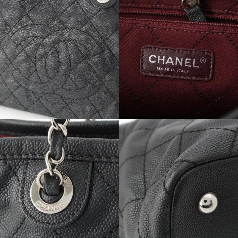 Chanel Caviar Skin Coco Mark Matelasse Chain Shopping Tote Bag Black