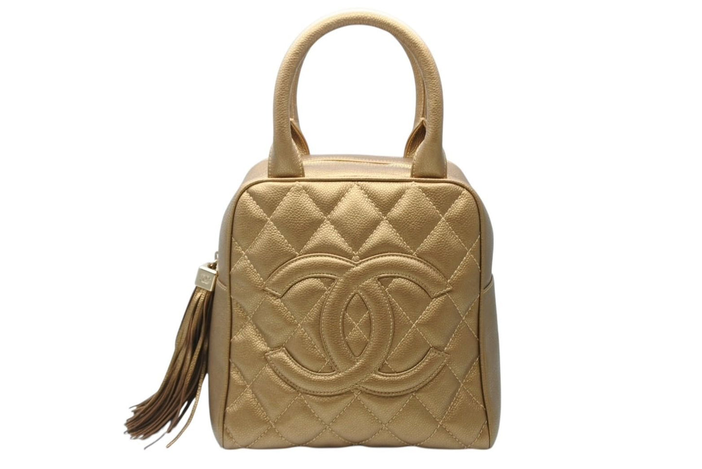 Chanel Handbag Caviar Leather CC Logo Fringe Gold