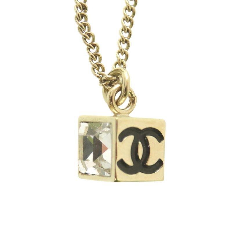 Chanel Coco Mark Cube CC Logo Abe819 Necklace Rhinestone GP Crystal B25 C Black