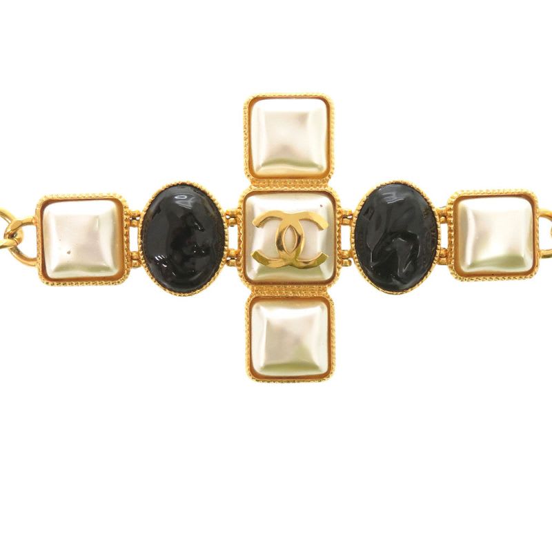 Chanel Gripoix Coco Mark Bracelet GP B20 K Fake Pearl Colored Stone Gold White