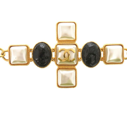Chanel Gripoix Coco Mark Bracelet GP B20 K Fake Pearl Colored Stone Gold White