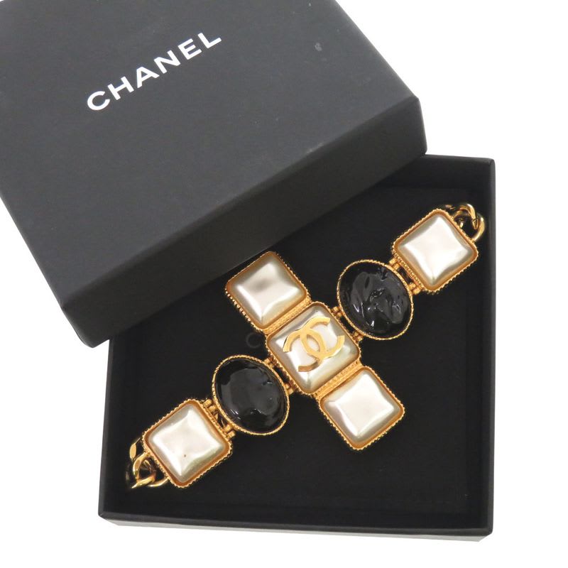 Chanel Gripoix Coco Mark Bracelet GP B20 K Fake Pearl Colored Stone Gold White