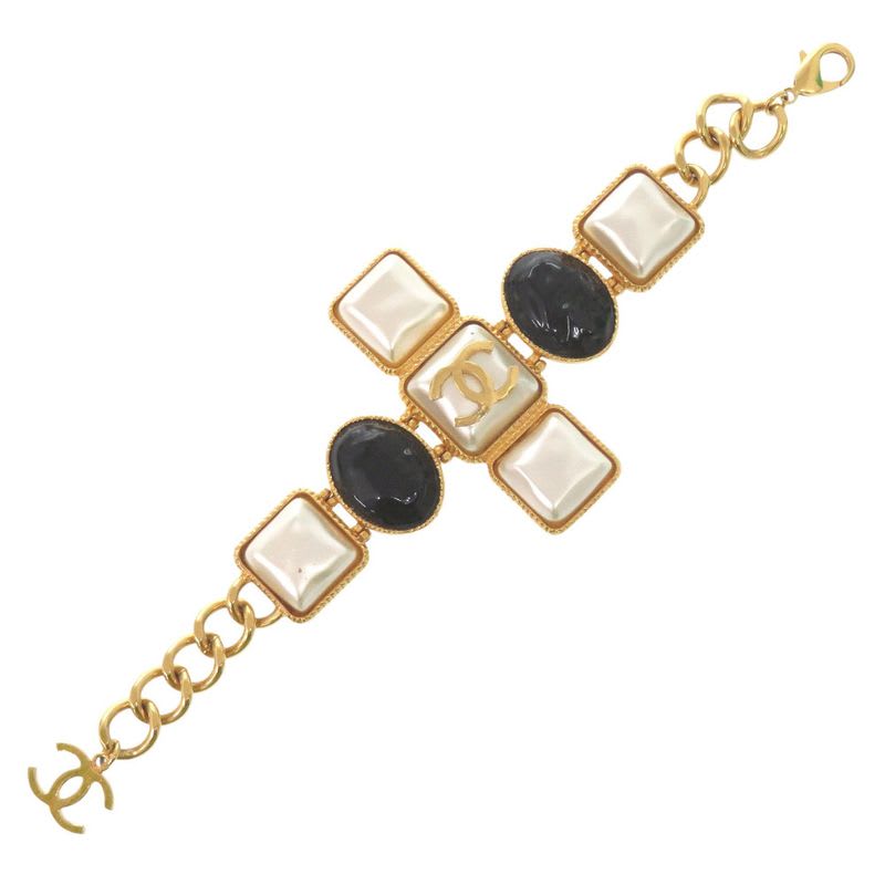 Chanel Gripoix Coco Mark Bracelet GP B20 K Fake Pearl Colored Stone Gold White