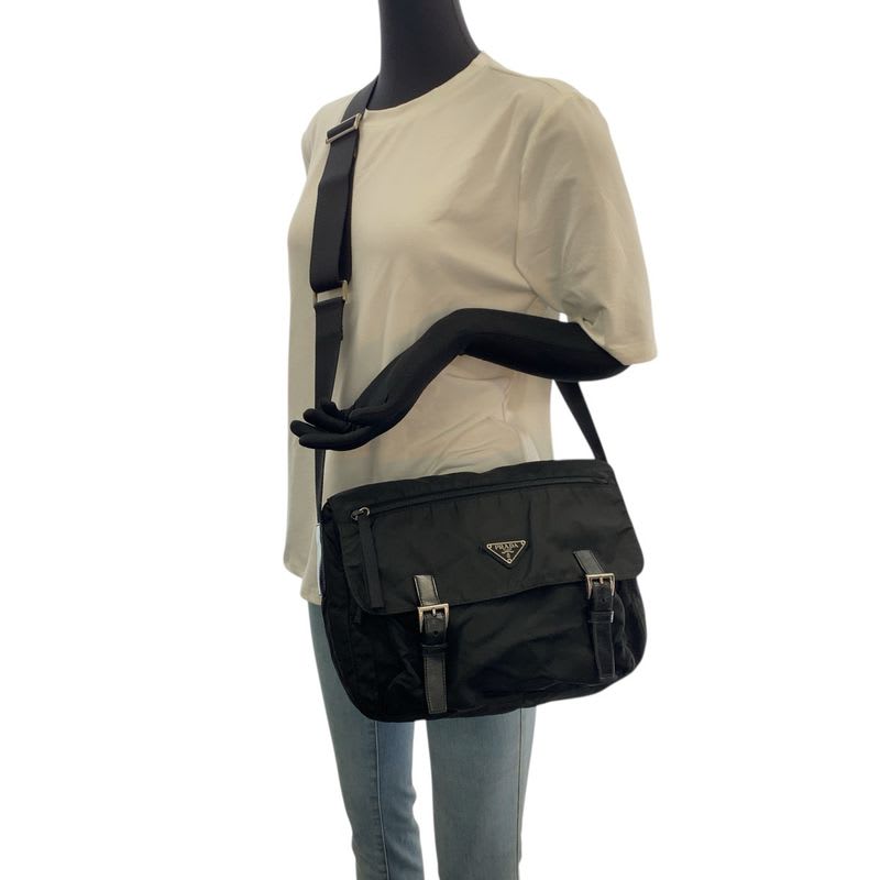 Prada Tessuto Triangle Logo Plate Black Silver Hardware Nylon Shoulder Bag