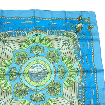 Hermes Carre 90 Scarf Silk Railing Ship Handrail Blue Box