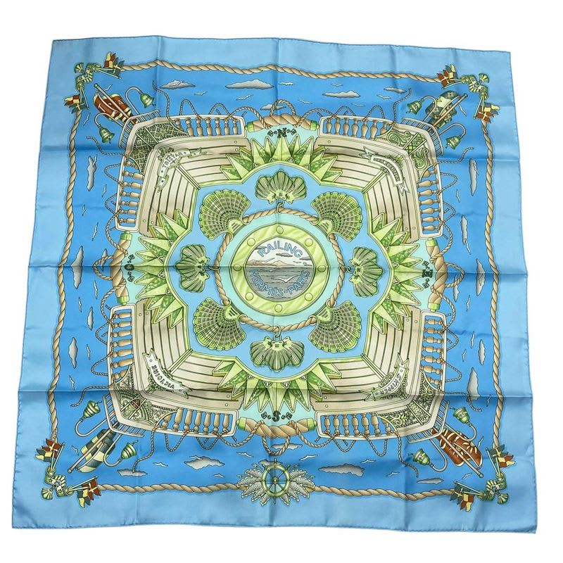 Hermes Carre 90 Scarf Silk Railing Ship Handrail Blue Box