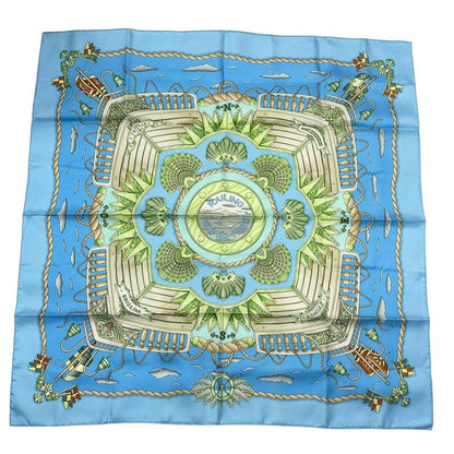 Hermes Carre 90 Scarf Silk Railing Ship Handrail Blue Box