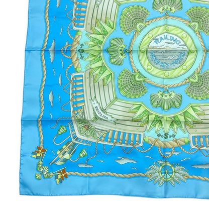 Hermes Carre 90 Scarf Silk Railing Ship Handrail Blue Box