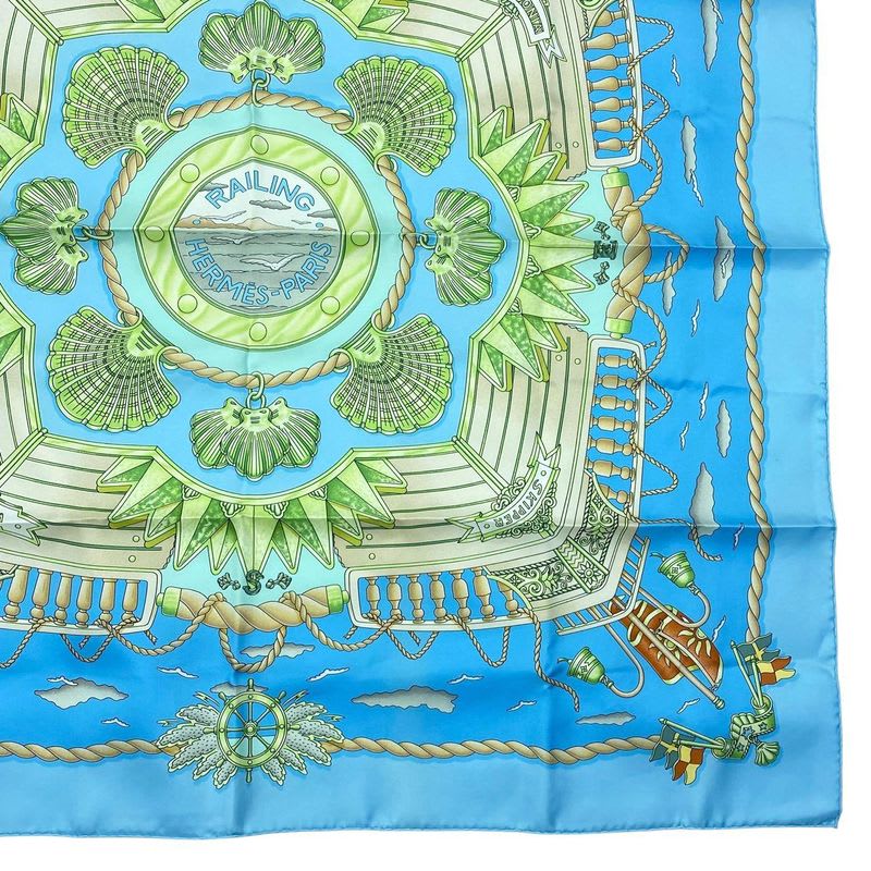 Hermes Carre 90 Scarf Silk Railing Ship Handrail Blue Box