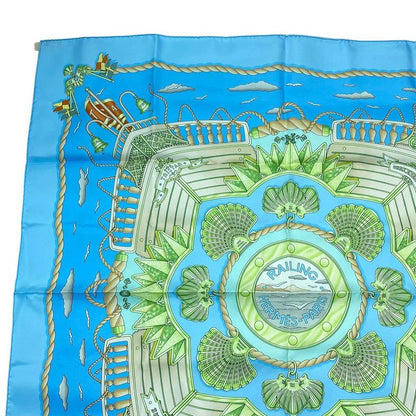Hermes Carre 90 Scarf Silk Railing Ship Handrail Blue Box