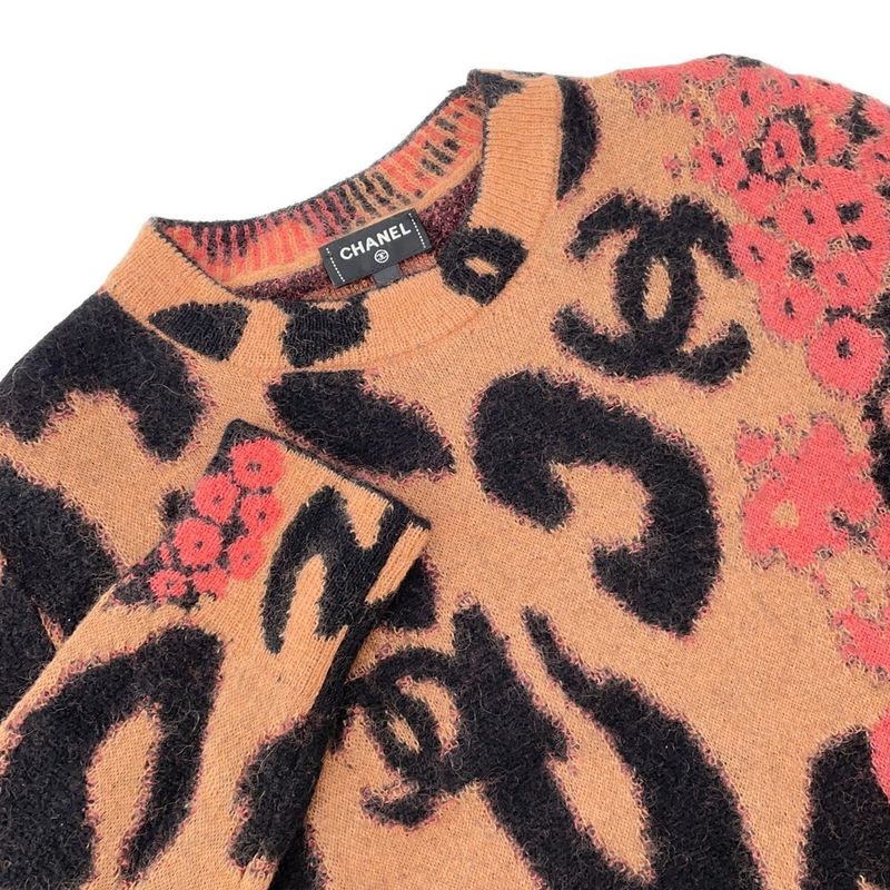 Chanel Knit Leopard Sweater Cashmere Mohair Thigh 36 Top Brown Black Pink