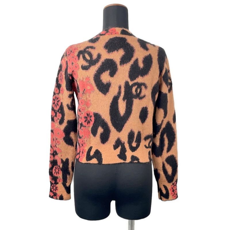 Chanel Knit Leopard Sweater Cashmere Mohair Thigh 36 Top Brown Black Pink