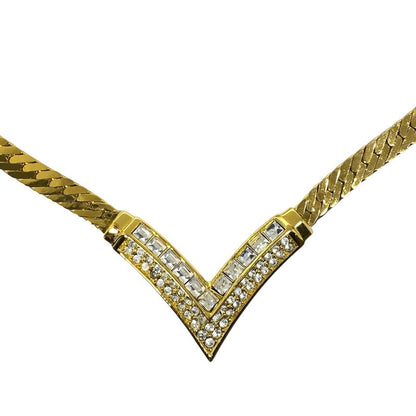 Christian Dior Vintage V-shaped Necklace Choker Accessory Rhinestone Gold