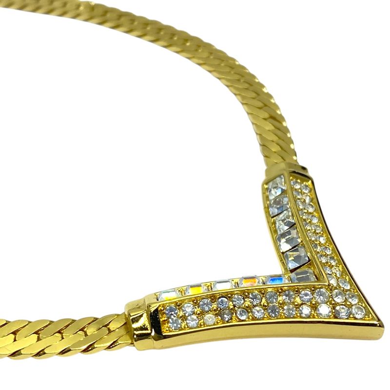 Christian Dior Vintage V-shaped Necklace Choker Accessory Rhinestone Gold