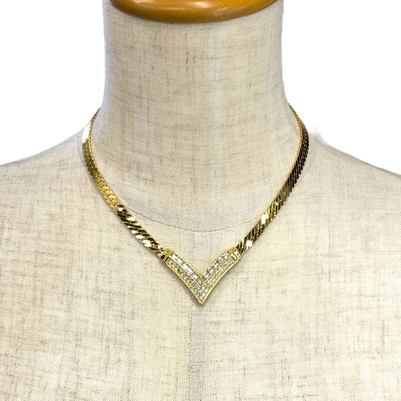 Christian Dior Vintage V-shaped Necklace Choker Accessory Rhinestone Gold