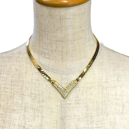 Christian Dior Vintage V-shaped Necklace Choker Accessory Rhinestone Gold