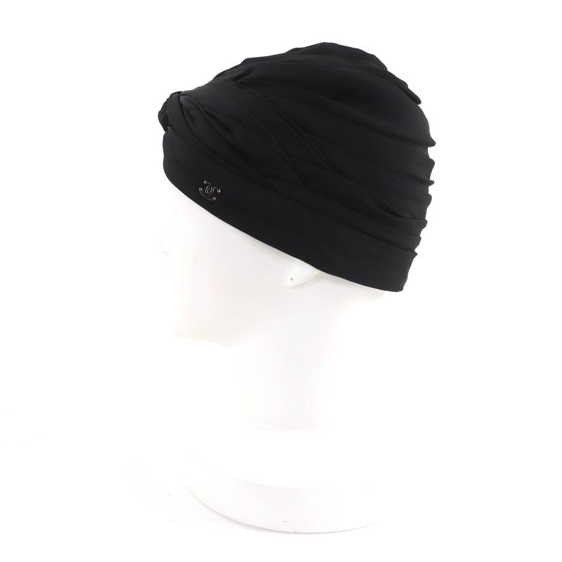 Chanel 100% Silk Turban Hat With Coco Mark Hardware Black Gold Hardware Made In