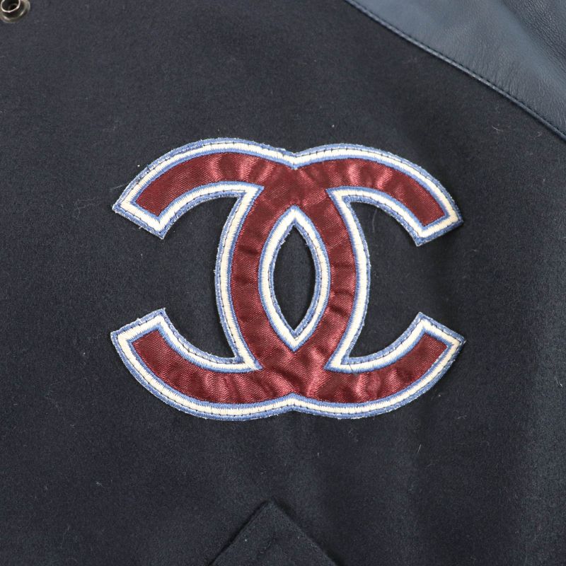 Chanel Vintage 04P P23442 100% Wool Coco Mark Sleeves Leather Sports Line Short