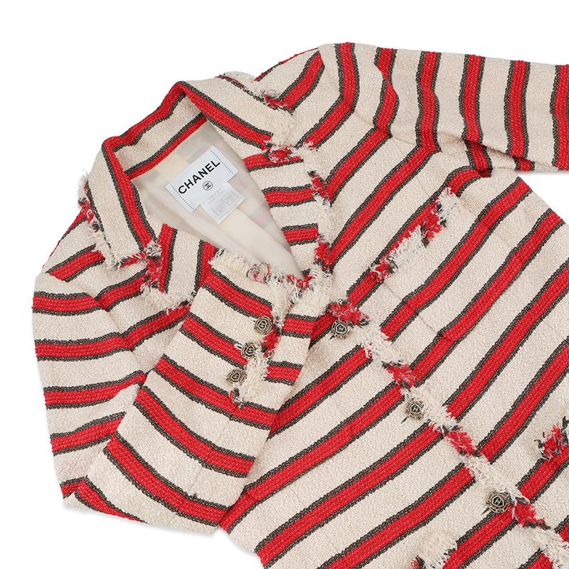 Chanel Jacket Tweed Stripe 42 Ivoryred Brown