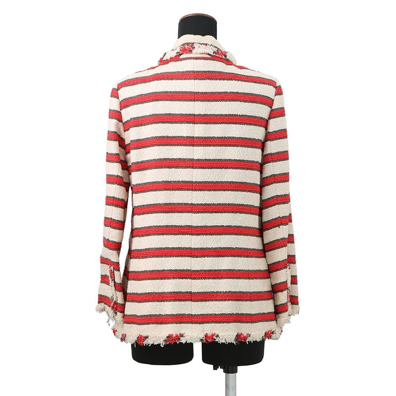 Chanel Jacket Tweed Stripe 42 Ivoryred Brown
