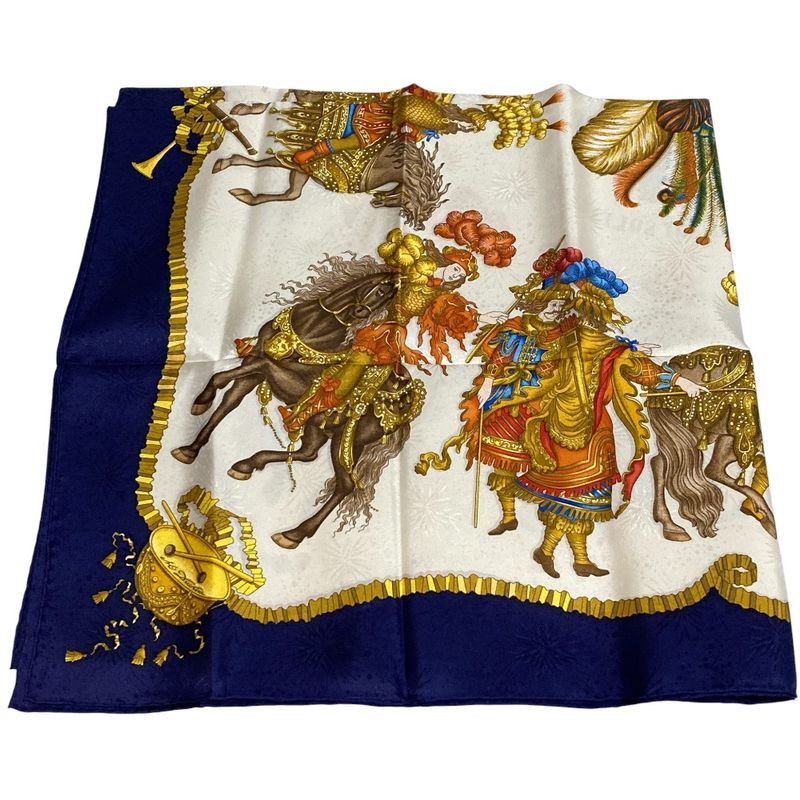Hermes 90 LES Fetes DU ROI Soleil Celebration Of The Sun King Silk Scarf Navy