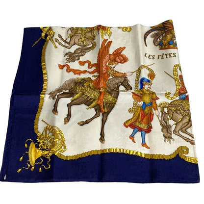 Hermes 90 LES Fetes DU ROI Soleil Celebration Of The Sun King Silk Scarf Navy