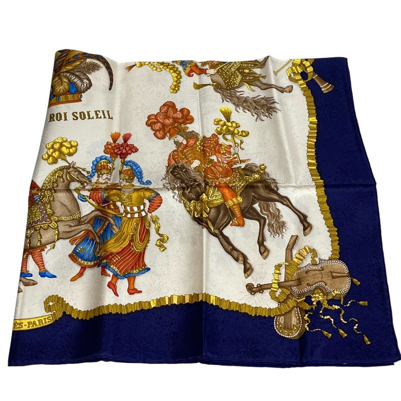 Hermes 90 LES Fetes DU ROI Soleil Celebration Of The Sun King Silk Scarf Navy
