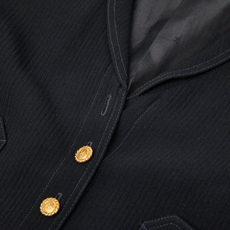Chanel Coco Mark Gold Button Setup Jacket Skirt Size 38 Black Wool Silk Women's