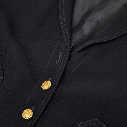 Chanel Coco Mark Gold Button Setup Jacket Skirt Size 38 Black Wool Silk Women's