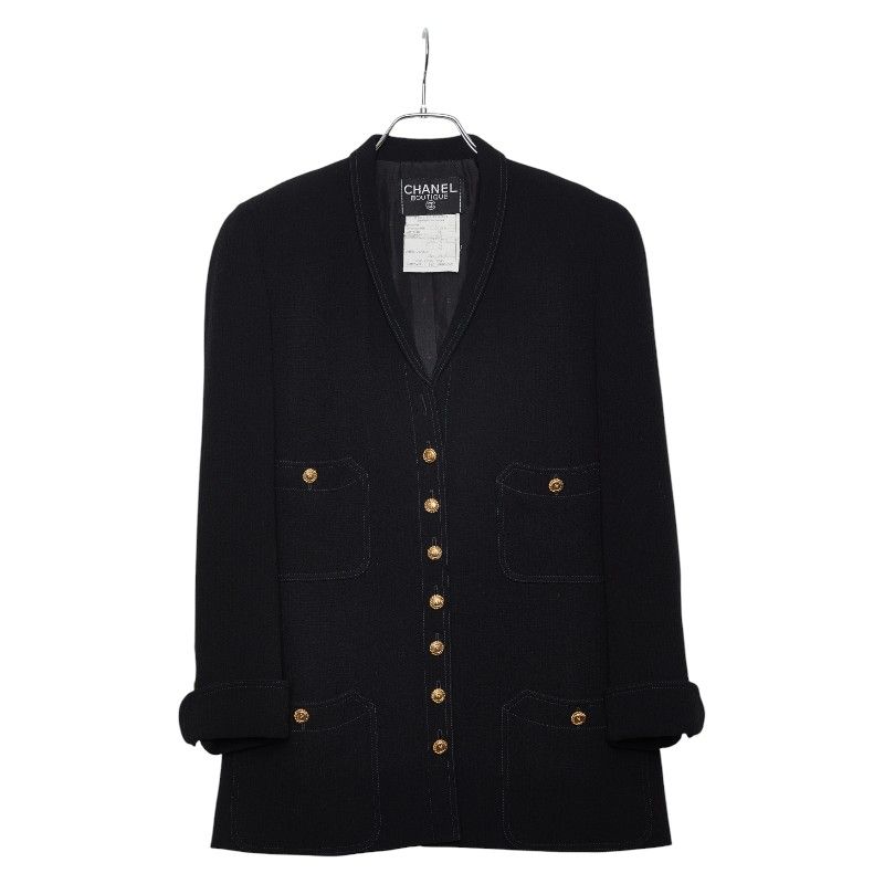Chanel Coco Mark Gold Button Setup Jacket Skirt Size 38 Black Wool Silk Women's