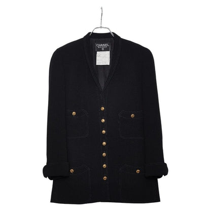 Chanel Coco Mark Gold Button Setup Jacket Skirt Size 38 Black Wool Silk Women's